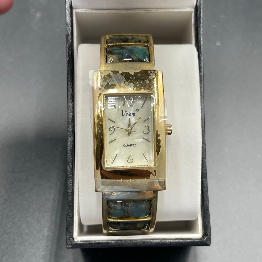 Vivani Abalone Watch Women 22mm Silver Tone MOP Dial Cuff Untested Original Box